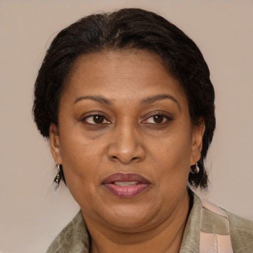 Joyful black adult female with medium  brown hair and brown eyes