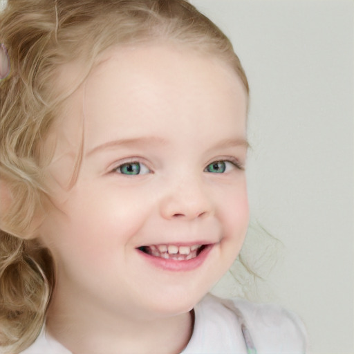 Joyful white child female with medium  blond hair and blue eyes