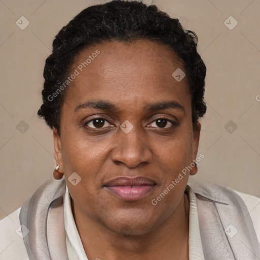 Joyful black adult female with short  brown hair and brown eyes