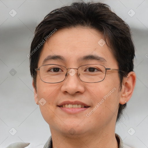 Joyful white adult female with short  brown hair and brown eyes