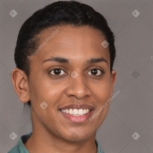 Joyful latino young-adult female with short  brown hair and brown eyes