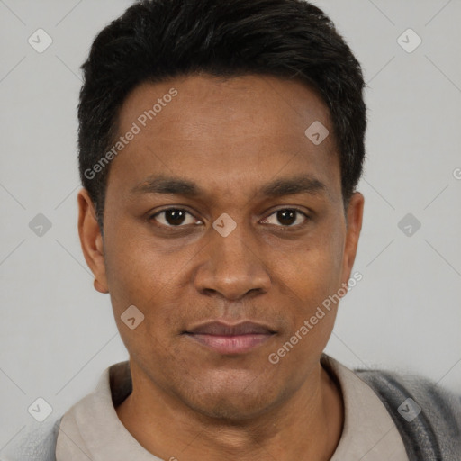 Joyful latino young-adult male with short  black hair and brown eyes