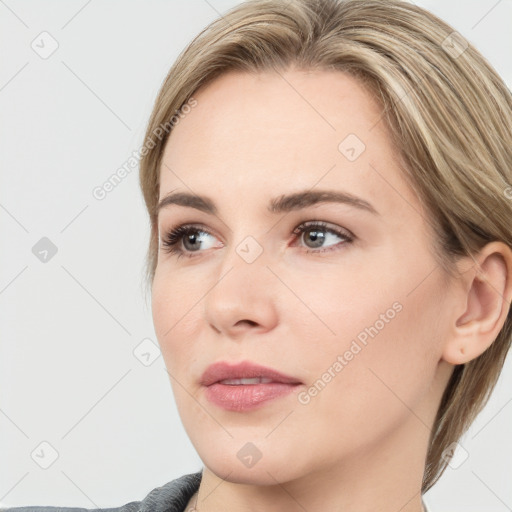 Neutral white young-adult female with long  brown hair and grey eyes