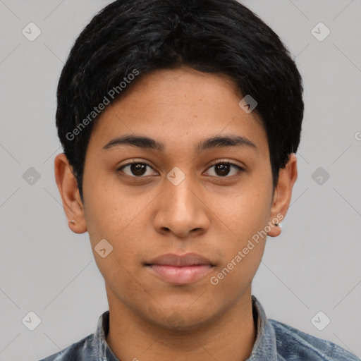 Neutral latino young-adult male with short  black hair and brown eyes