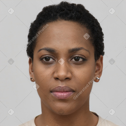 Neutral black young-adult female with short  black hair and brown eyes