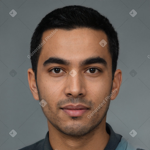 Neutral latino young-adult male with short  black hair and brown eyes