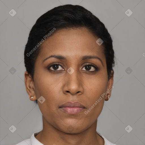 Neutral black young-adult female with short  brown hair and brown eyes