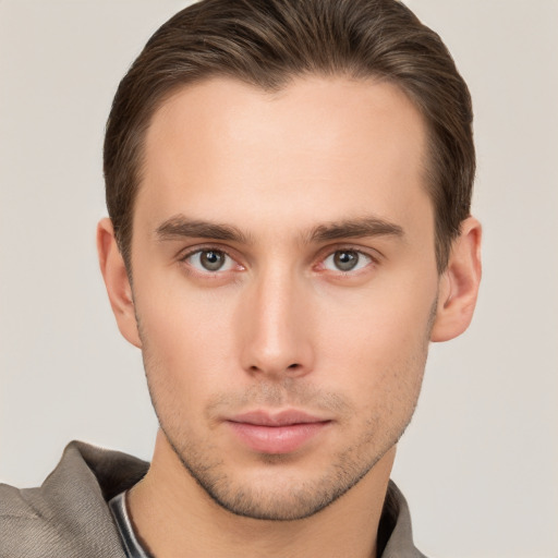 Neutral white young-adult male with short  brown hair and brown eyes