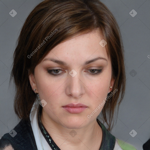 Neutral white young-adult female with medium  brown hair and brown eyes