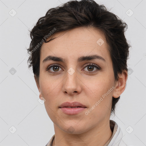 Neutral white young-adult female with short  brown hair and brown eyes