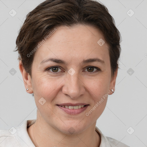 Joyful white young-adult female with short  brown hair and brown eyes