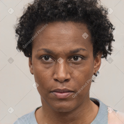 Neutral black adult female with short  brown hair and brown eyes