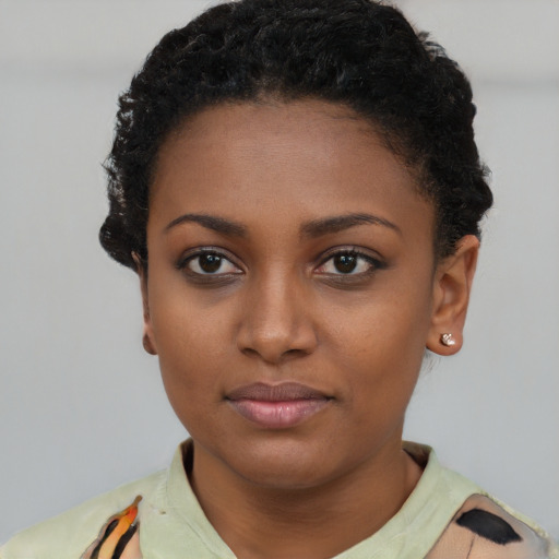 Neutral latino young-adult female with short  black hair and brown eyes