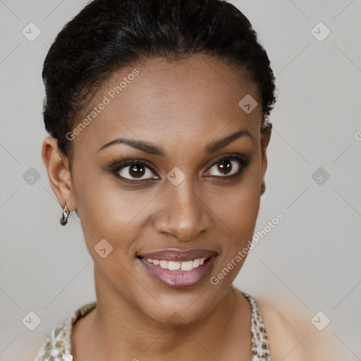 Joyful latino young-adult female with short  brown hair and brown eyes