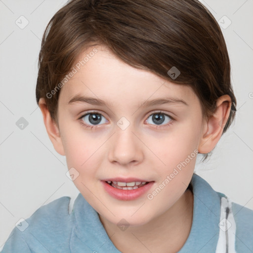 Joyful white child female with medium  brown hair and grey eyes