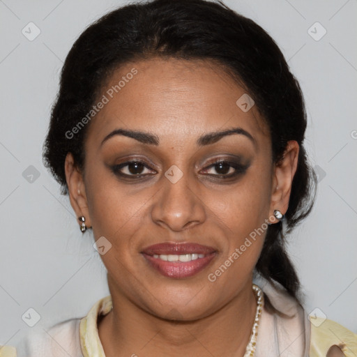 Joyful latino young-adult female with short  brown hair and brown eyes