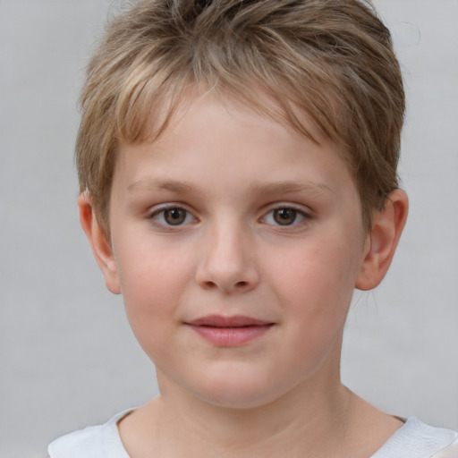 Joyful white child female with short  brown hair and brown eyes