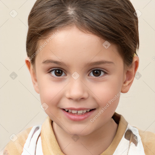 Joyful white child female with short  brown hair and brown eyes