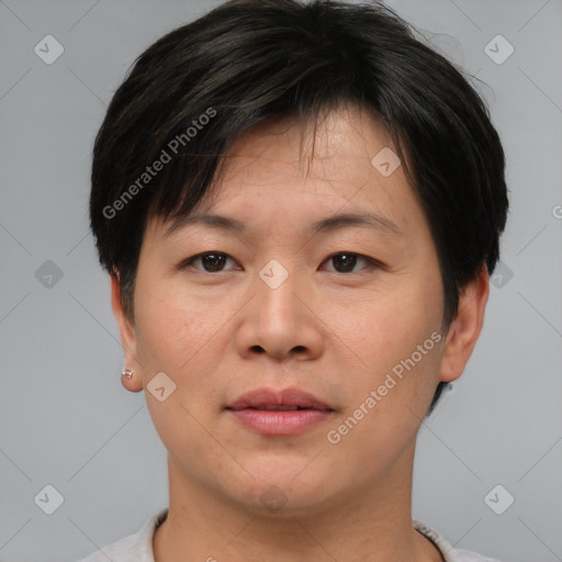 Joyful asian adult female with short  brown hair and brown eyes