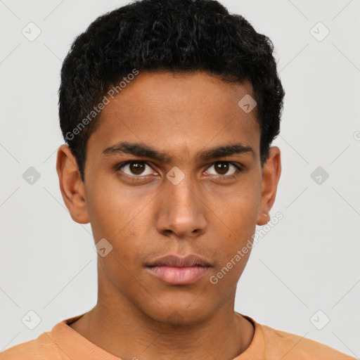 Neutral latino young-adult male with short  brown hair and brown eyes