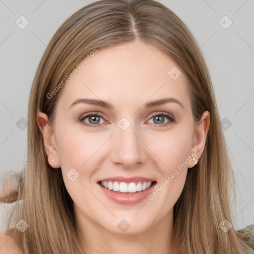 Joyful white young-adult female with long  brown hair and grey eyes