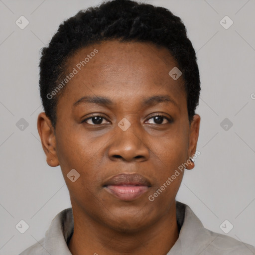 Neutral black young-adult female with short  black hair and brown eyes