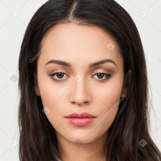 Neutral white young-adult female with long  brown hair and brown eyes