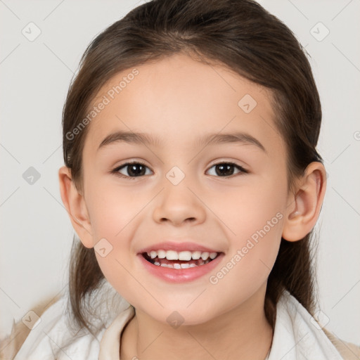 Joyful white child female with medium  brown hair and brown eyes