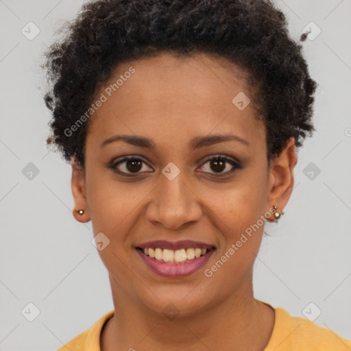 Joyful latino young-adult female with short  brown hair and brown eyes