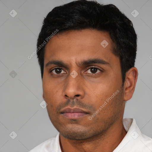 Neutral latino young-adult male with short  black hair and brown eyes