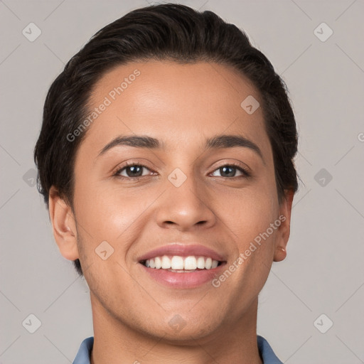 Joyful white young-adult female with short  brown hair and brown eyes