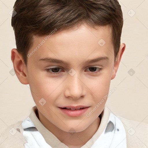 Joyful white child male with short  brown hair and brown eyes