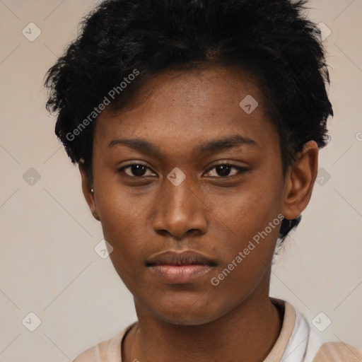 Neutral asian young-adult female with short  black hair and brown eyes