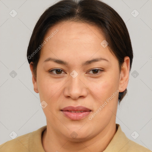 Joyful asian young-adult female with short  brown hair and brown eyes