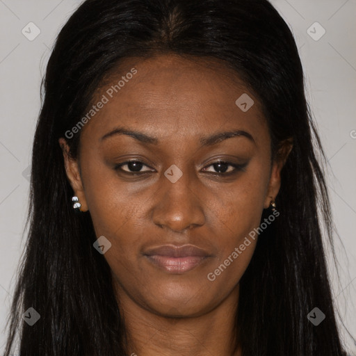Joyful black young-adult female with long  brown hair and brown eyes