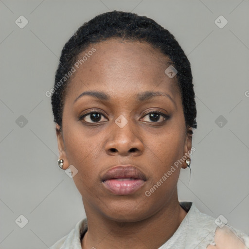 Neutral black young-adult female with short  black hair and brown eyes