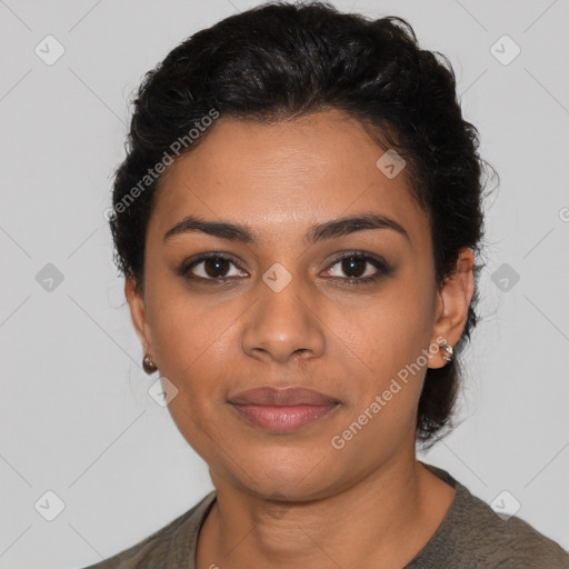 Joyful latino young-adult female with short  black hair and brown eyes