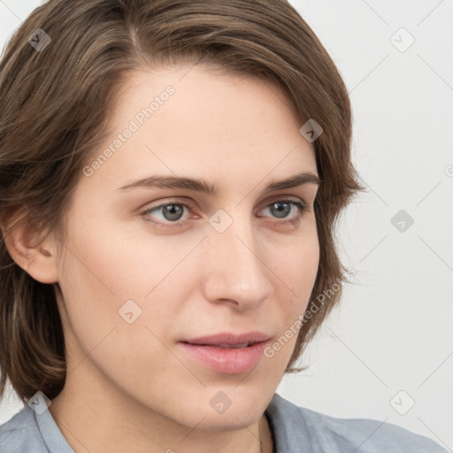 Neutral white young-adult female with medium  brown hair and grey eyes