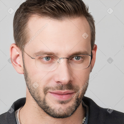 Neutral white young-adult male with short  brown hair and grey eyes