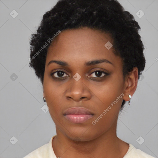 Neutral black young-adult female with short  black hair and brown eyes