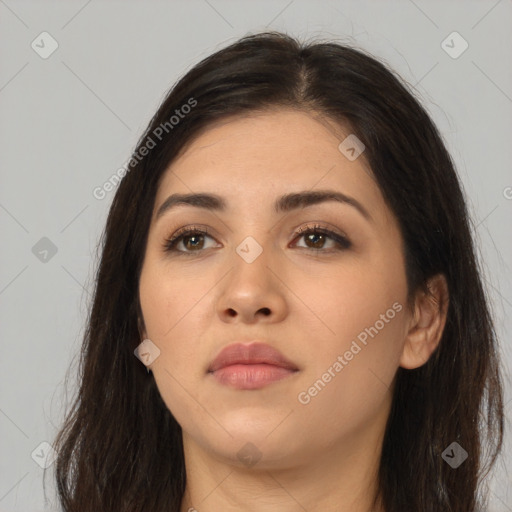 Neutral asian young-adult female with long  brown hair and brown eyes