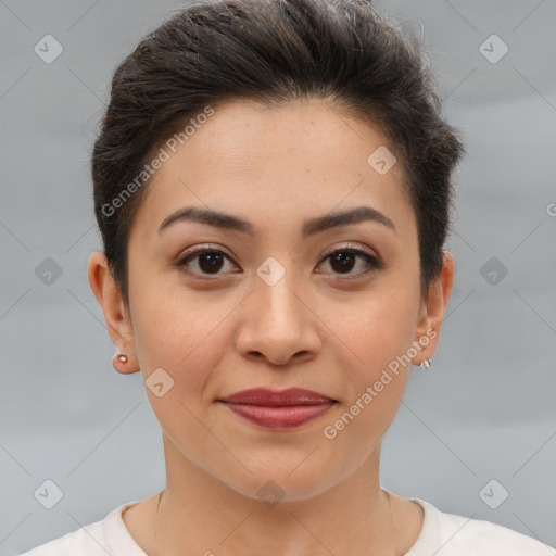 Joyful asian young-adult female with short  brown hair and brown eyes