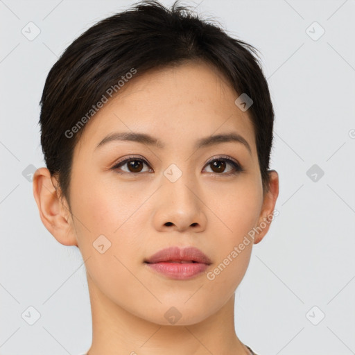 Neutral asian young-adult female with short  brown hair and brown eyes