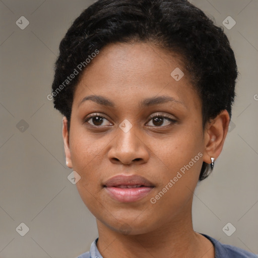 Joyful black young-adult female with short  brown hair and brown eyes