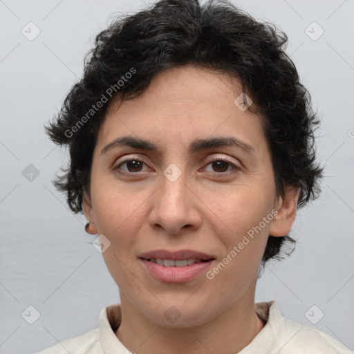 Joyful white adult female with short  brown hair and brown eyes