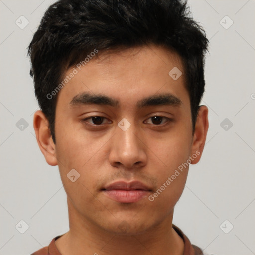 Neutral asian young-adult male with short  brown hair and brown eyes
