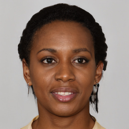 Joyful black young-adult female with short  black hair and brown eyes