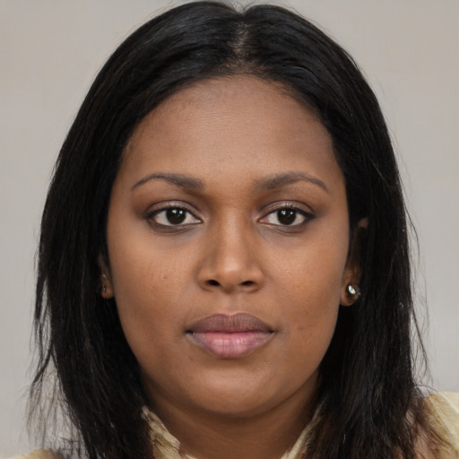 Neutral asian young-adult female with long  brown hair and brown eyes
