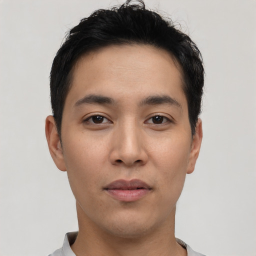 Neutral asian young-adult male with short  black hair and brown eyes