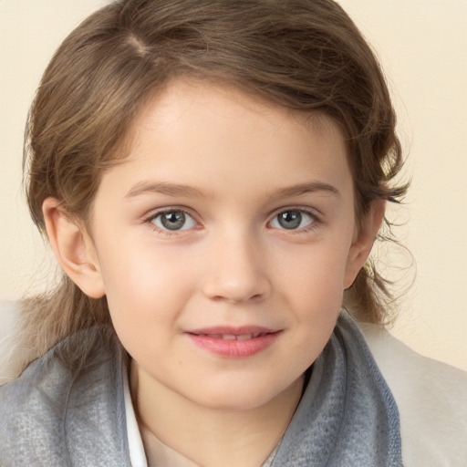 Joyful white child female with medium  brown hair and brown eyes